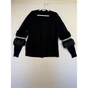 Molly Bracken Open Front Black Cardigan Sweater Sequin Furry Sleeve Size Small‎